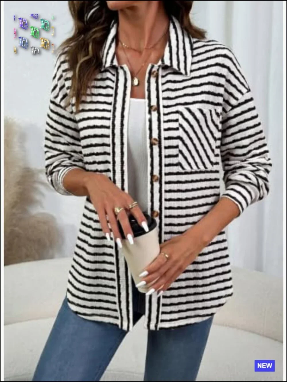 Casual Oversized Striped Shacket Jacket Long Sleeve Button Down Fall Coat - Picture 3 of 7
